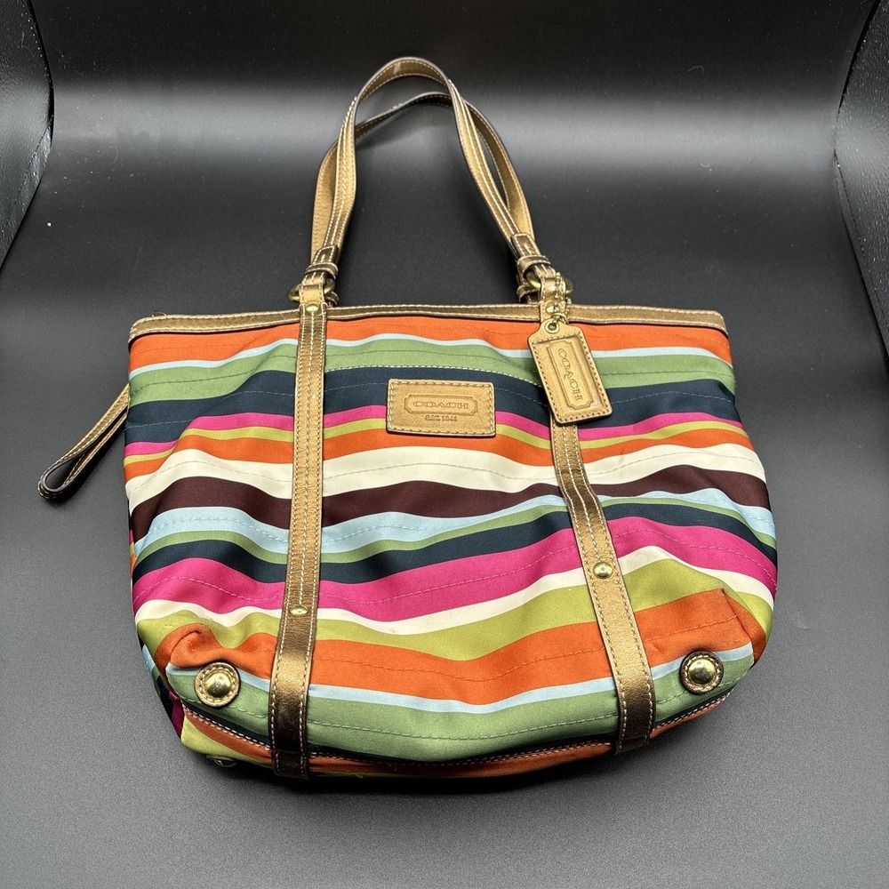Coach Legacy 12421 Shoulder Striped Bag Purse Satin Brown Green‎ Orange